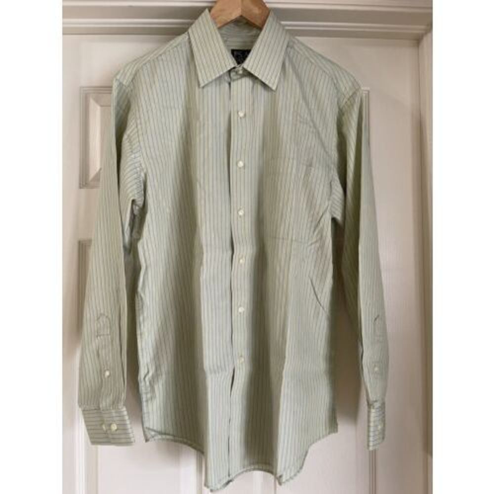 Jos A Banks Mens Shirt Medium Long Sleeve Green Blue Stripe Tailored Fit Cotton
